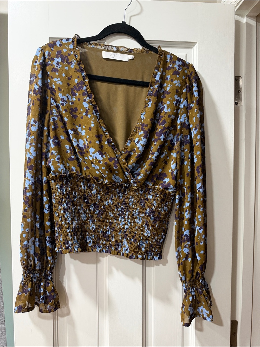 ASTR Olive Floral Wrap V-Neck Smocked Blouse with Blue Print